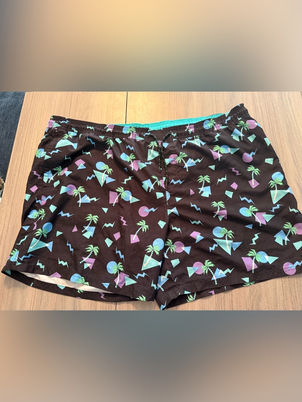 No Boundaries Black Swim Trunks with Teal, Purple & Pink Retro Print
